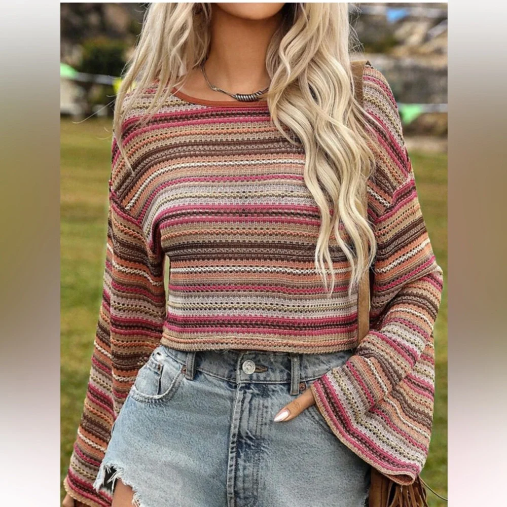 Rose Red Ethnic Striped Wide Cropped Long Sleeve Bohemian Blouse